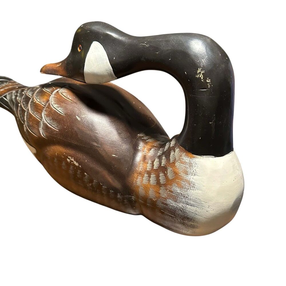 Vintage 1986 Hand Carved Wood Canada Goose Decoy 23in Preening Glass Eyes Large - Picture 2 of 15